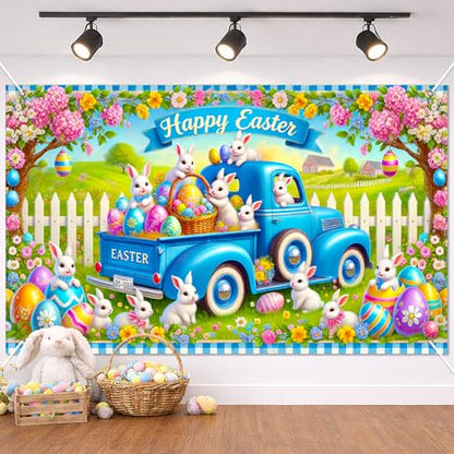 BlissYard Easter Bunny Truck Banner Spring Farm Scene 71x43 Inch Cute Holiday Backdrop with Rabbits Eggs Flowers Happy Easter Design for Yard Porch Party Kids Celebration Display - color: Blue