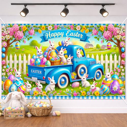 BlissYard Easter Bunny Truck Banner Spring Farm Scene 71x43 Inch Cute Holiday Backdrop with Rabbits Eggs Flowers Happy Easter Design for Yard Porch Party Kids Celebration Display - color: Blue