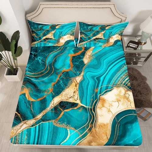 Erosebridal Teal Marble Bed Sheets Set Queen, Gold Crack Sheet Set for Boys Girls, Abstract Metallic Texture Sheets, Luxury Shinny Bedroom Decor Boho Hippie Fluid Deep Pocket Top Sheet - color: Multi 05, size: Queen