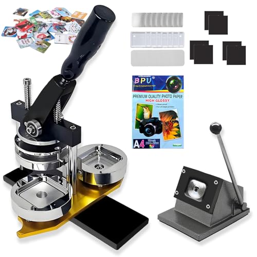 2x2 in Square Photo Fridge Magnet Maker Machine with Picture Cutter, DIY Custom Badge Maker, Includes 100 Sheets of Photo Paper+100 Sets of Consumables