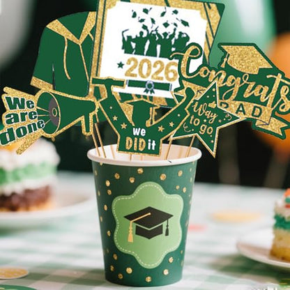 JOJO FLY 21 Pieces Graduation Photo Booth Props 2026, Green and Gold Graduation Decorations 2026, Class of 2026, Grad Party Supplies