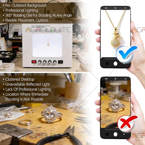 Pro Jewelry Photography Box Kit - Mini Photo Studio with 4 Dimmable Lights, Adjustable Speed Turntable & 360° Rotating Rack for Stunning Jewelry Photos & Accessories TB30