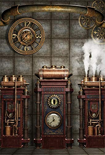 5x7ft Polyester Antique Vintage Steampunk Backdrop Industrial Gear Metal Clock Old Metal Gearwheel Photography Background Steam Machine Nostalgia Party Kids Adult Men Portrait Photo Props - color: Black 10451, size: 5x7ft-Polyester