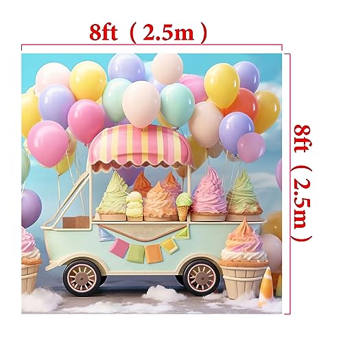 Kate Ice Cream Backdrop Rainbow Ballon Birthday Party Decoration Background Chilldren Photoshoot Props, 8x8ft - size: 8x8ft