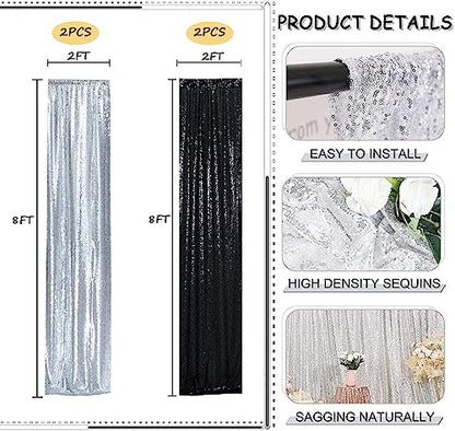 Sequin Backdrop Curtains 2FTx8FT 4 Panels Glitter Drapes Sparkly Photography Background for Wedding Birthday Party Bridal Baby Shower (Silver x 2+Black x 2) - color: Silver and Black, size: 2FTx8FT-4PCS