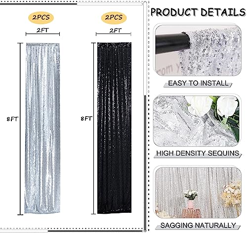 Sequin Backdrop Curtains 2FTx8FT 4 Panels Glitter Drapes Sparkly Photography Background for Wedding Birthday Party Bridal Baby Shower (Silver x 2+Black x 2) - color: Silver and Black, size: 2FTx8FT-4PCS