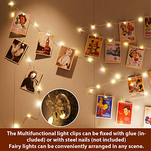HXWEIYE Warm White Photo Clips String Light, Timer & 8 Modes, 33Ft 100LEDs Battery Powered Fairy Light with 52 Clear Clips & 12 Hooks on Wall for Hanging Picture,Bedroom Party - color: Warm White, size: 8 Mode Battery Powered-100LEDs