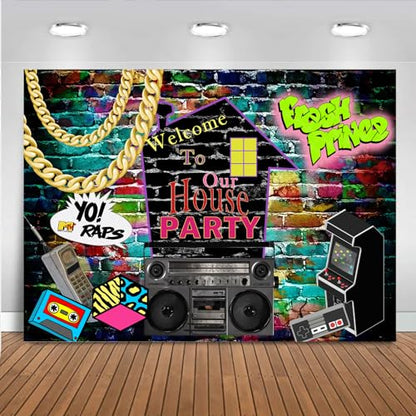 Mocsicka Hip Hop 90s Backdrop House Party Decorations 8x6ft 80s 90s Graffiti Wall Retro Radio Roller Skates Background Music Rock Punk Party Banner Decorations Studio Props - size: 8x6ft