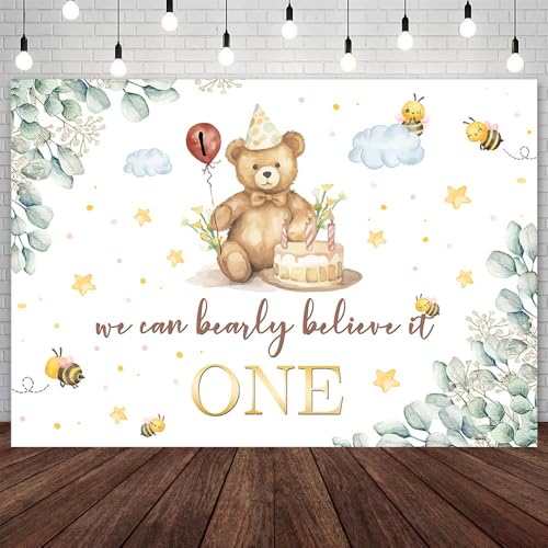 AIBIIN 7x5ft Bear 1st Birthday Backdrop We Can Bearly Believe It One Photography Background Bear Bee First Birthday Party Party Decorations Banner Photo Props - color: White, size: 7x5ft