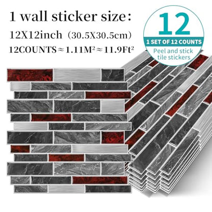 VICCI 12-Sheet Peel and Stick Tile Backsplash, Vinyl Waterproof Tiles Decals 12 x 12 inch Self Adhesive Wall Sticker for Kitchen, Bathroom & Laundry Room (Grey & Red Marble Style) - color: Spt-202, size: 12 x 12 inch (3D Textured style)