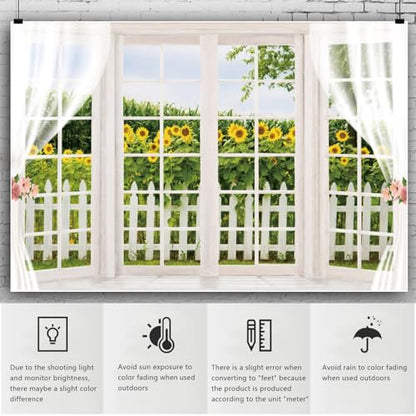 YongFoto 8x6ft Spring Window Scenery Backdrop Yellow Sunflower Rustic Wood Fence Countryside Garden Nature Landscape Girl Woman Birthday Party Wedding Kids Adults Portrait Photo Studio Props - color: Green 1, size: 8x6ft