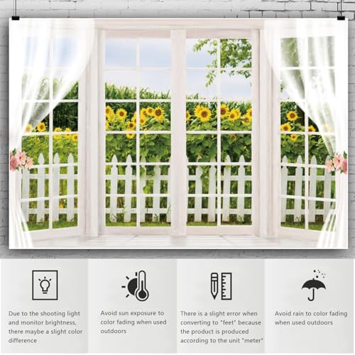 YongFoto 9x6ft Spring Window Scenery Backdrop Yellow Sunflower Rustic Wood Fence Countryside Garden Nature Landscape Girl Woman Birthday Party Wedding Kids Adults Portrait Photo Studio Props - color: Green 1, size: 9x6ft