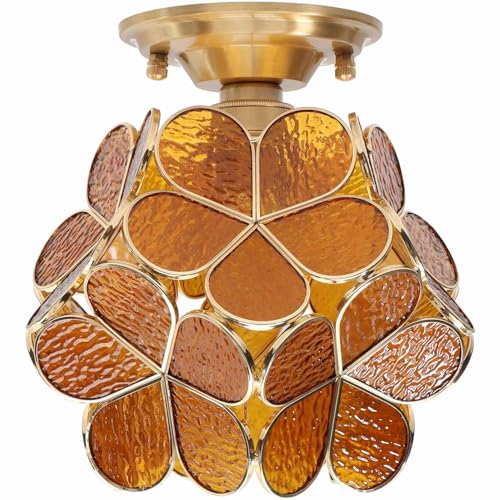 Bieye L10899 Flower Petals Tiffany Style Stained Glass Close to Ceiling Light for Home Decor (Textured Amber, 8" Cherry Blossom) - color: Textured Amber, size: 8" Cherry Blossom