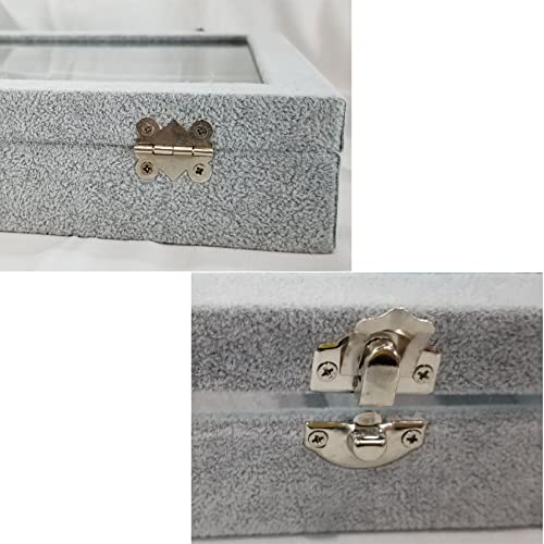 Ice Velvet Jewelry Box Display Case with a Clear Glass Window,10 Hooks Necklace Organizer Box and 12 Grids for Earrings Rings Storage Grey - color: 12 Grids & 10 Necklace Hooks