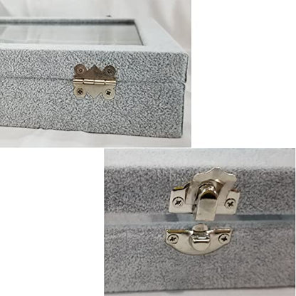 Ice Velvet Jewelry Box Display Case with a Clear Glass Window,10 Hooks Necklace Organizer Box and 12 Grids for Earrings Rings Storage Grey - color: 12 Grids & 10 Necklace Hooks