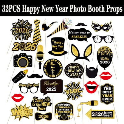 32PCS Funny New Year Photo Booth Props, Inflatable New Year Photo Booth Frame, Happy New Year Selfie Frame for New Year Party Supplies - color: Black New Year