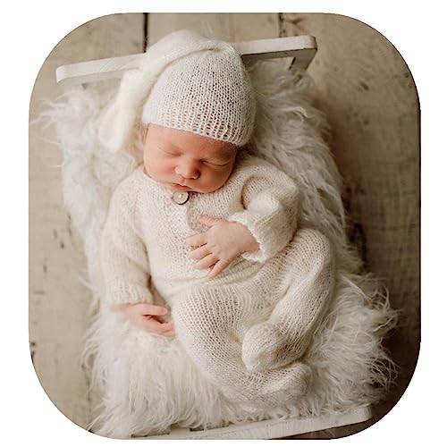 Newborn Photography Prop Baby Boys Girls Photoshoot Outfits Newborn Photo Knitted Romper Sleepy Hat Picture Outfit - color: White