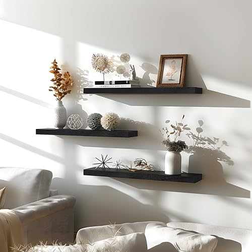 GXYAWPJ 24 Inch Floating Shelves for Wall Rustic Black Wood Wall Shelves for Bedroom Set of 4 - color: Rustic Black, size: 24 inch