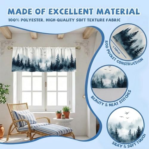 Misty Forest Curtain, Two-Pack, Mist Mountain Bird Watercolor Landscape,Applicable to Bathroom, Bedroom, 54x18 inches. - color: Misty Forest