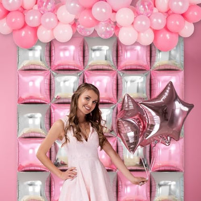 Pink Silver Square Foil Balloon Wall,25Pcs Double Sided Balloons Backdrop Helium Balloon Tunnel Arch Garland Kit for Christmas Birthday Bridal Anniversary Baby Shower Party Decorations - style: Pink Silver