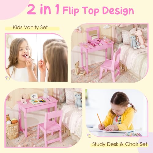 Costzon Kids Vanity, 2 in 1 Girls Vanity Set with Flip Top Mirror, Hidden Storage Space, Wooden Toddler Makeup Vanity Desk Dressing Table, Kids Vanity Table and Chair Set (Pink) - style: Pink with Flip Top Mirror
