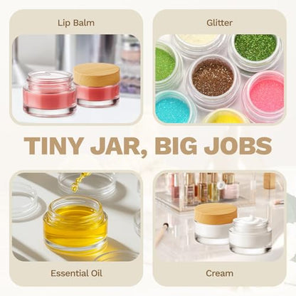 Bumobum 12 Pcs 5 Grams Glass Cosmetic Jars with Plastic Wood-Grain Lids, 5 ml Lip Balm Containers Empty Tiny Sample Jars for Lip Scrub Makeup Eye Cream Travel - color: 5g-12pack