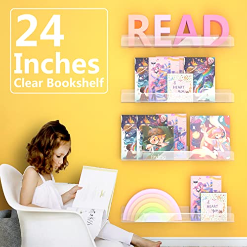 24 inches Wall Mounted Kids Bookshelf, Clear Acrylic Display Book Shelves for Kids Room Nursery Toddler Classroom 2 Packs - color: 24in-clear