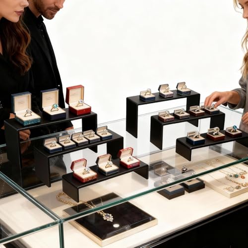 6 PCs Risers Display Stands 3 Tiers Desktop Acrylic Shelves Cake Dessert Holder Products Stand for Collectibles Shoes Jewels Pop Figure （Black） - color: Black 6 PCs