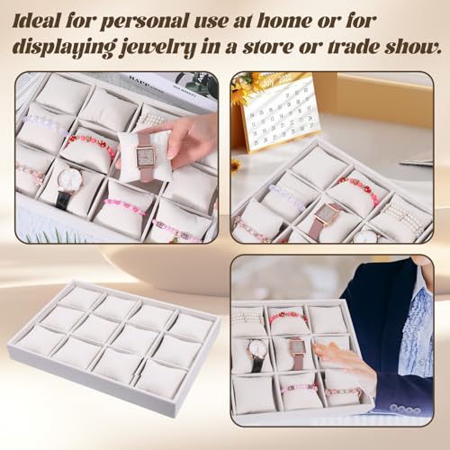 2 Pcs Velvet Watch Tray, 12 Grid Jewelry Organizer Stackable Tray Watch Bracelet Bangle Display Holder with Adjustable Pillows for Woman Man (Beige)