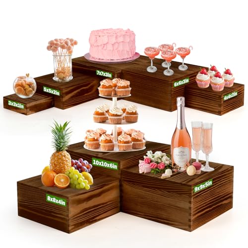 8-Pack Pine Wood Buffet Risers, Multi-Size Nesting Cube Food Display Stands for Buffet Table & Catering, Hollow Bottoms Food Risers for Multi-Level Buffet Presentation-Brown - color: Brown