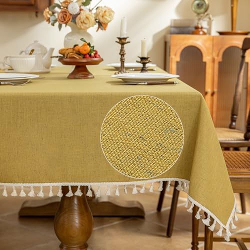 AmHoo Linen Blend Tablecloth Table Cloth 280 GSM Stitching Tassel Rectangle Decorative Natural Table Cover for Kitchen Dinning Wedding Buffet 55×86 inch Primrose Yellow - color: Primrose Yellow, size: 55×86 inch