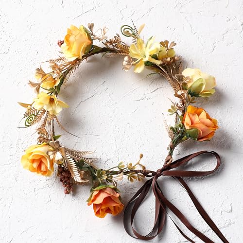Fairy Rose Flower Crown - Golden Leaves Autumn Yellow Flower Headband Fashion Boho Bridal Floral Headpiece Women Girls Vacation Party Festival Photo Prop - color: Orange