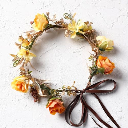 Fairy Rose Flower Crown - Golden Leaves Autumn Yellow Flower Headband Fashion Boho Bridal Floral Headpiece Women Girls Vacation Party Festival Photo Prop - color: Orange