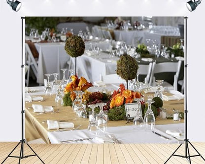 Trykid 6x6ft Wedding Table Centerpieces Backdrop Orange Roses Moss Balls Table Number Thirteen Photography Background Event Styling Tapestry Party Decoration Photo Studio Prop Fabric - size: 6x6ft