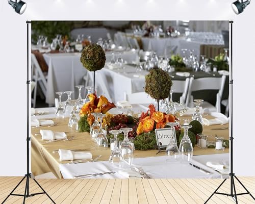 Trykid 5x5ft Wedding Table Centerpieces Backdrop Orange Roses Moss Balls Table Number Thirteen Photography Background Event Styling Tapestry Party Decoration Photo Studio Prop Fabric - size: 5x5ft