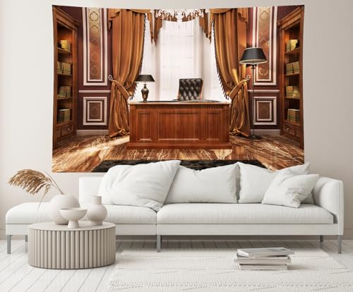5x4ft Luxury Wood Home Office Backdrop Retro Classic Desk Chandelier Bookshelf Window Library Video Conference Background Business Conversation Room Video Recording Zoom Calls Photo Props - size: 5x4FT
