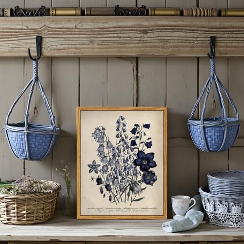 VIYYIEA Vintage Framed Botanical Wall Art Decor, Living Room Bedroom Blue Campanula Pictures Retro Wall Decor, Framed Canvas Prints Artwork, Farmhouse Flower Paintings,8x10 Inch - color: Blue Antique Campanula, size: 10"L x 8"W