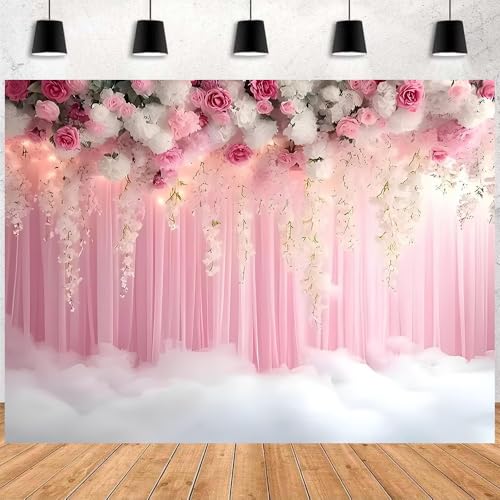 Romantic Pink and White Roses Wisteria Bridal Shower Photo Studio Backdrop Pink Wall Girls Woman Birthday Party Tea Party Baby Shower Anniversary Photography Background(D, 7 * 5feet) - color: D, size: 7*5feet