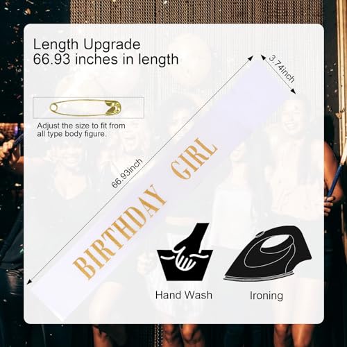 CIEHER 67"L x 3.6"W Sash for Women & Girls - Birthday Girl, Queen Sash for 10th to 70th Birthdays, White & Gold Birthday Decoration - color: White & Gold