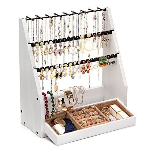DGWJSU Earring Organizer, 5 Layer Earring Holder Organizer with Necklace Holder, Rustic Wood Jewelry Organizer Stand Display for Stud Earring Bracelet Necklace Ring, Watches - color: White