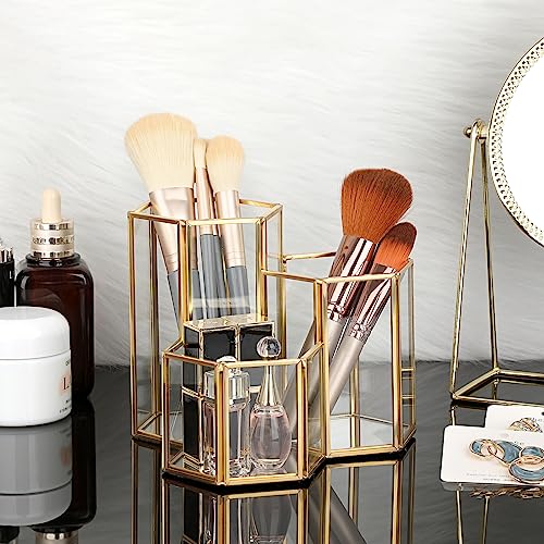 Hipiwe Glass Makeup Brush Holder 3 Slot Mirrored Gold Cosmetics Brush Organizer Eyeliners Display Case Vintage Decorative Makeup Storage Box Desktop Pen Pencil Pot, Large - style: 3-Slot Hexagon,Large
