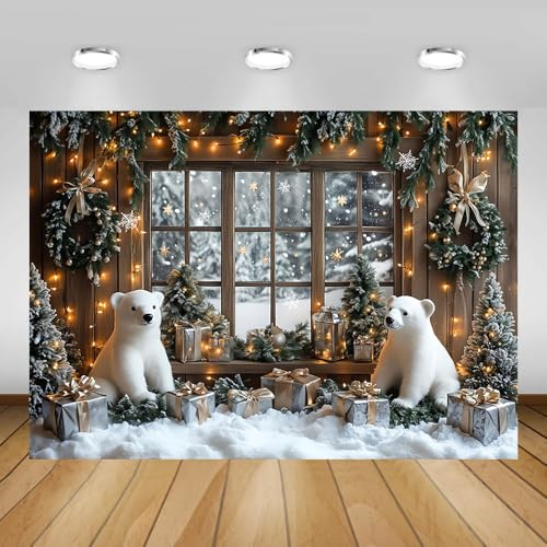 AIBIIN 7x5ft Winter Christmas Backdrop Window Snowy Xmas Pine Trees Forest View Photography Background Winter Christmas Cute Bear Gift Photo Backdrop - color: Bear, size: 7x5ft