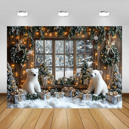 AIBIIN 7x5ft Winter Christmas Backdrop Window Snowy Xmas Pine Trees Forest View Photography Background Winter Christmas Cute Bear Gift Photo Backdrop - color: Bear, size: 7x5ft