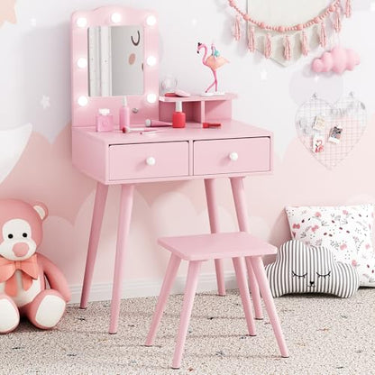 Arlopu Kids Vanity Set and Mirror, Wooden Pretend Play Vanity Table and Chair Set for Girls with Stool, Drawer, Princess Makeup Dress-Up Toy for Toddlers 3+Year Old (Pink) - color: Pink