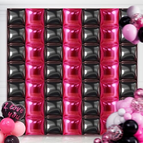 50PCS Hot Pink and Black Square Foil Balloon Wall, 19'' Reusable DIY Mylar Double Side Balloons Garland Tunnel Arch Kit for Anniversary Baby Shower Bachelorette Birthday Engagement Bridal Decor - color: Black & Pink