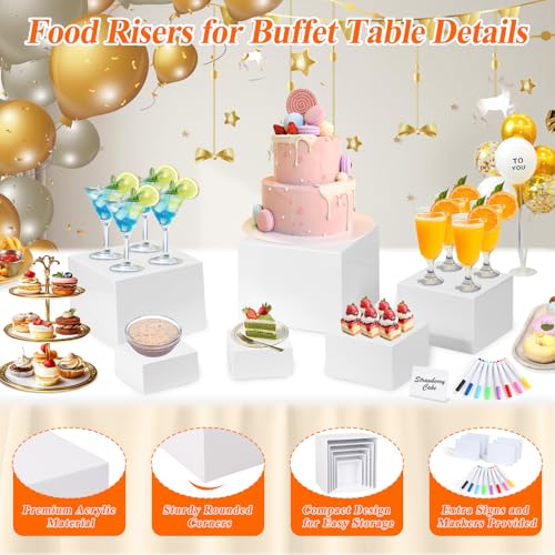 6 Pcs White Acrylic Buffet Risers with Mini Sign and Maker, Food Display Stands for Buffet Table Party Catering Dessert Jewelry Collectibles,Nesting Cube Boxes with Hollow Bottoms (8",7",6",5",4",4") - size: 8" 7" 6" 5" 4" 4"