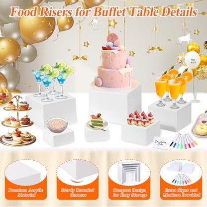 6 Pcs White Acrylic Buffet Risers with Mini Sign and Maker, Food Display Stands for Buffet Table Party Catering Dessert Jewelry Collectibles,Nesting Cube Boxes with Hollow Bottoms (8",7",6",5",4",4") - size: 8" 7" 6" 5" 4" 4"