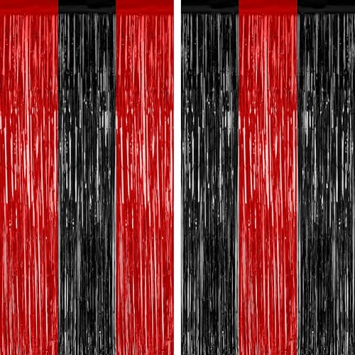 2 Pack Backdrop Curtains, 3.28 FT x 7.05 FT Black and Red Party Decor, Metallic Party Streamer Tinsel Foil Fringe Curtains, Foil Curtains Backdrop Halloween Decorations Party Supplies - color: Black Red, size: 2 PCS
