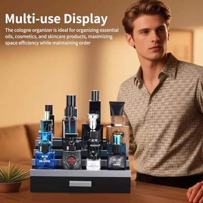 Perfume Organizer for Men, 4 Tier Wood Perfume Display Stand with Velvet Lining Drawer and Hidden Compartment for Watch,Jewelry,Perfume Display Risers,A Gift for Men (Black+Gray) - style: 4 Tier - BlackGrey