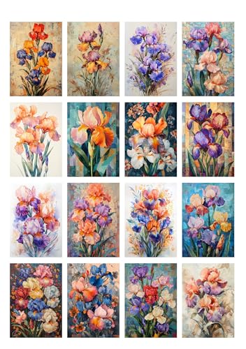 Decoupage Paper Pack (35 Sheets 6"x8") Iris Garden: Colorful Iris Blooms in Rich Blues, Purples and Oranges with Artistic Mosaic and Vintage Botanical Arrangements FLONZ Vintage - color: Eighteen